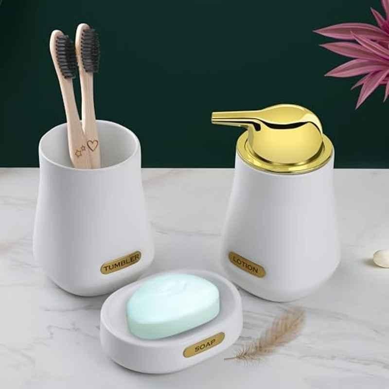 Plantex 3 Pcs Ceramic Whie Soap Dish, Liquid Dispenser & Tumbler Holder Set, NZBA-404