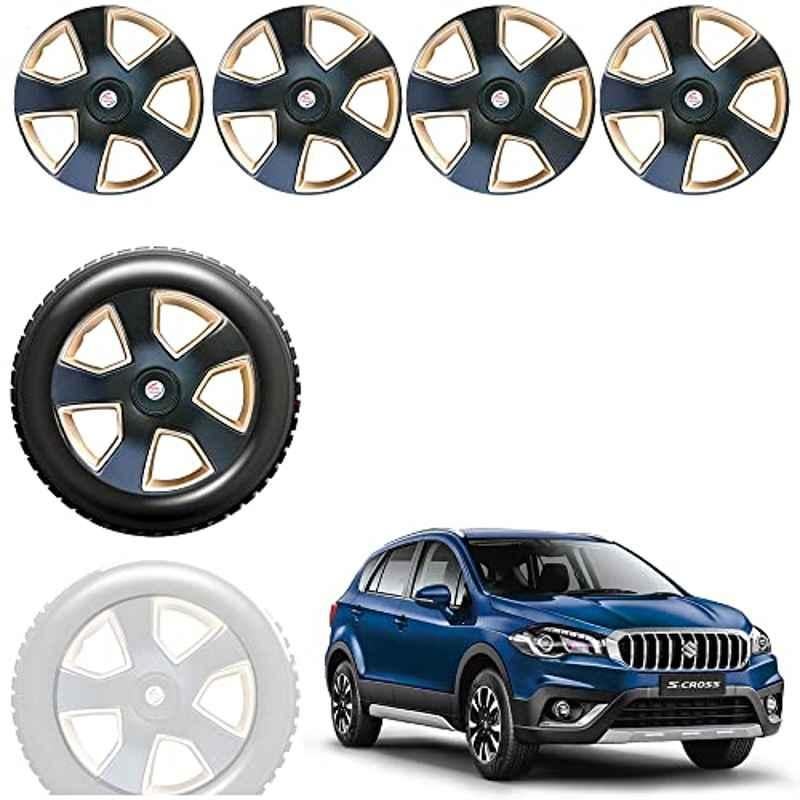Auto Pearl 4 Pcs 15 inch Black & Golden ABS Press Type Hubcap Wheel Cover Set with Retention Ring for Maruti Suzuki SCross
