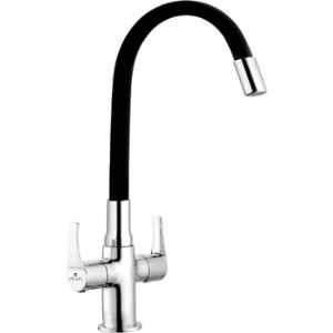Cliquin Topaz Brass Chrome Deck Mounted Flexible Neck Center Hole Mixer Tap with Dual Handle, Black Soft Spout & 360 deg Swivel
