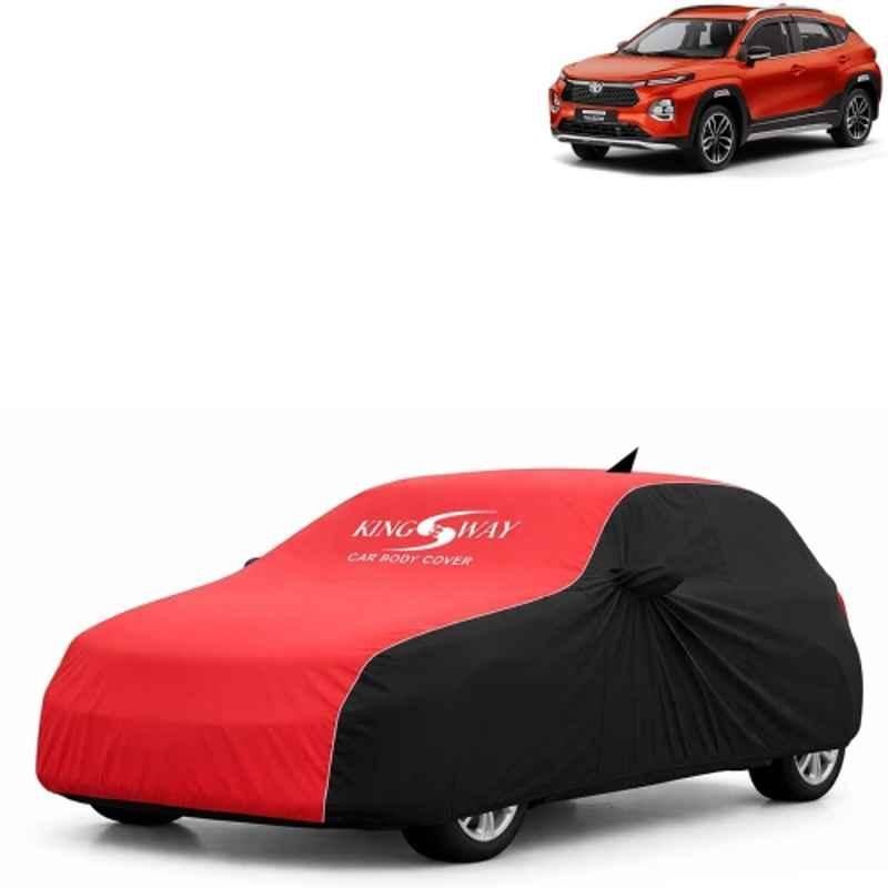 Kingsway Super Waterproof All Weather Protection Polypropylene Black & Red Car Cover for Toyota Taisor 2024 Onwards with Silver Piping, Mirror & Antenna Pockets