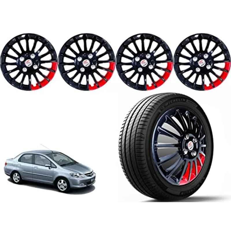 Auto Pearl 4 Pcs 14 inch Polypropylene Black & Red Press Type Car Wheel Cover Set with Retention Ring for Honda City ZX 2009-2010
