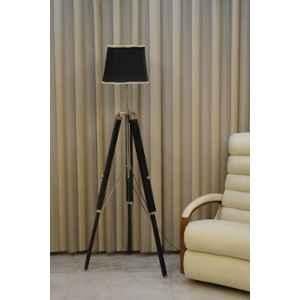 Tucasa Mango Wood Black Tripod Floor Lamp with Polycotton Black Shade, P-132