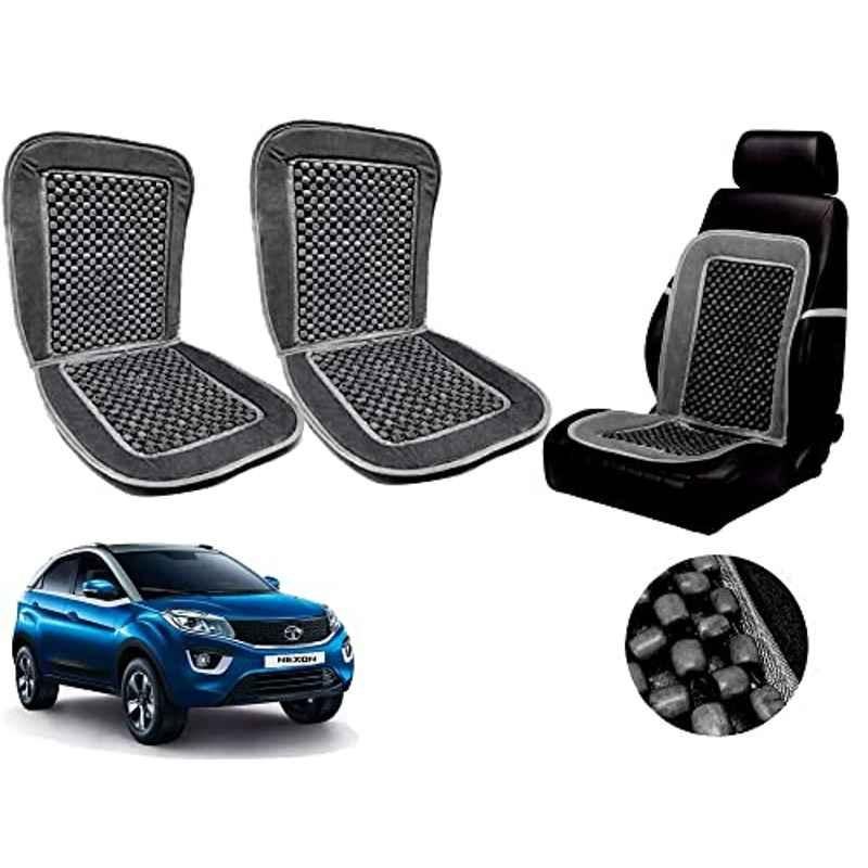 Auto Pearl PU, Velvet & Wooden Beads Grey Rectangular Seat Cushion for Tata Nexon (Pack of 2 )