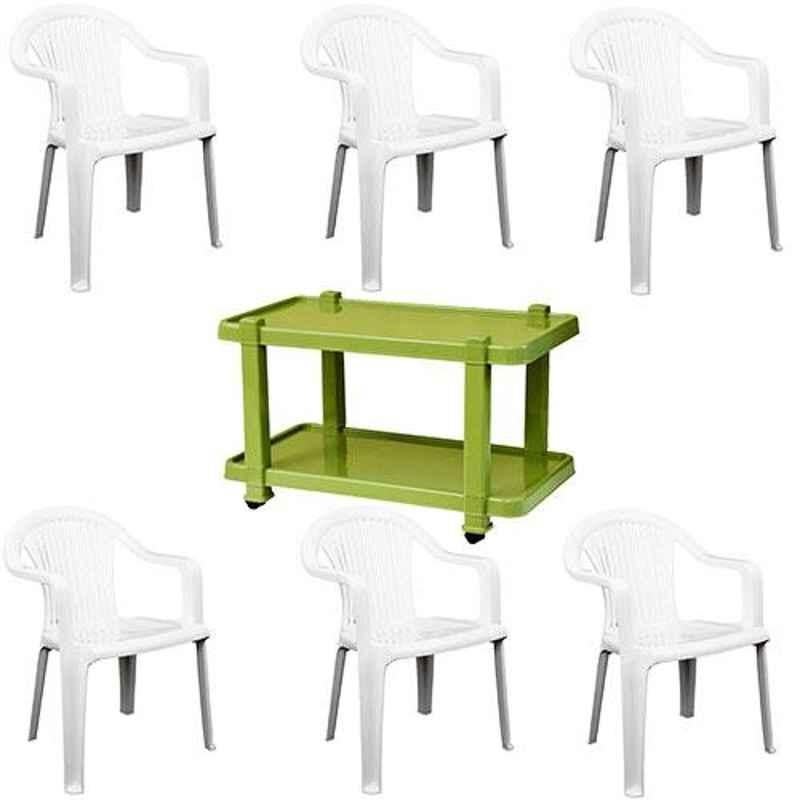 Italica 6 Pcs Polypropylene White Premium Arm Chair & Green Table with Wheels Set, 9201-6/9509