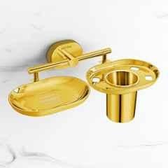 Plantex Stainless Steel Soap Dish with Tumbler Holder/Soap and Brush Holder for Bathroom/2 4-in-1 Soap Holder with Toothbrush Holder/Bathroom Accessories PVD Gold Finish Onix