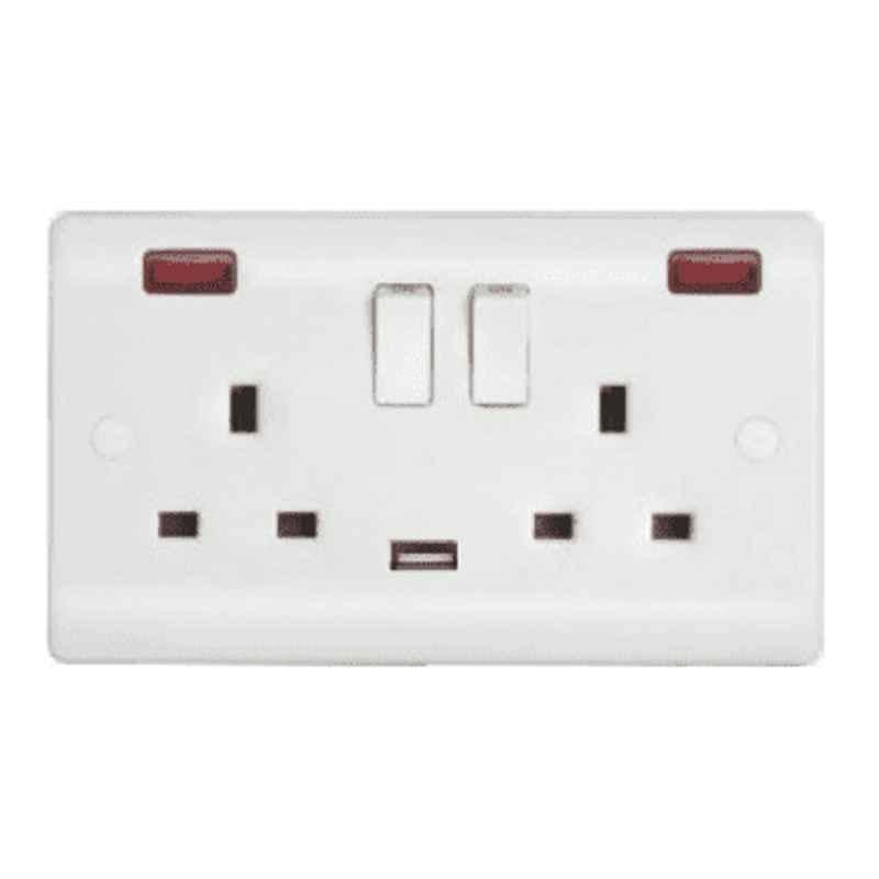 Micron 13A 2 Gang Bakelite White Switch Socket with 2 USB Port, MME0251