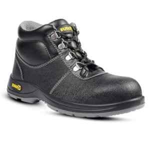 Eurock Troy Grain Leather Steel Toe Black High Ankle Safety Shoes with Double Density PU Anti-Skid Sole, Size: 8