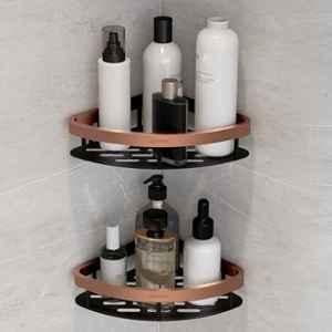 Plantex Self Adhesive Corner Shelf for Bathroom Wall/Aluminium & Stainless Steel Corner Shelf/Storage Organizer/Bathroom Accessories Set (Pack of 2) 8x8 inch, Copper & Black