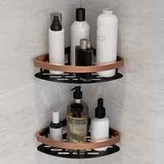 Plantex Self Adhesive Corner Shelf for Bathroom Wall/Aluminium & Stainless Steel Corner Shelf/Storage Organizer/Bathroom Accessories Set (Pack of 2) 8x8 inch, Copper & Black