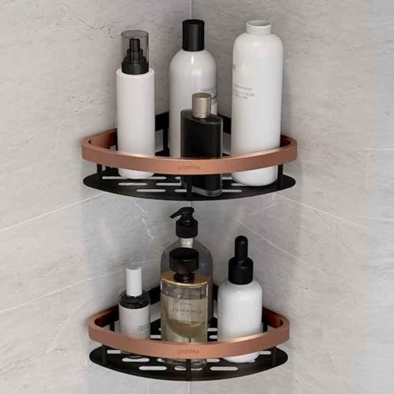 Plantex Self Adhesive Corner Shelf for Bathroom Wall/Aluminium & Stainless Steel Corner Shelf/Storage Organizer/Bathroom Accessories Set (Pack of 2) 8x8 inch, Copper & Black