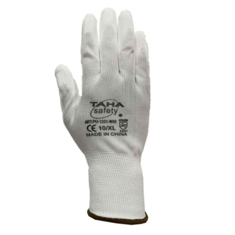 Taha Safety Polyester & PU White Gloves, 1201-1, Size:XL