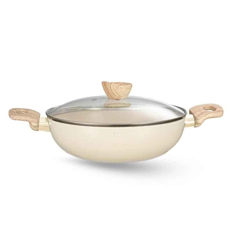 Cookaid Neo Glide 2 Litre Aluminium Cream Non Stick PTFE Coated Kadhai with Glass Lid, CKD-NS-K22-02