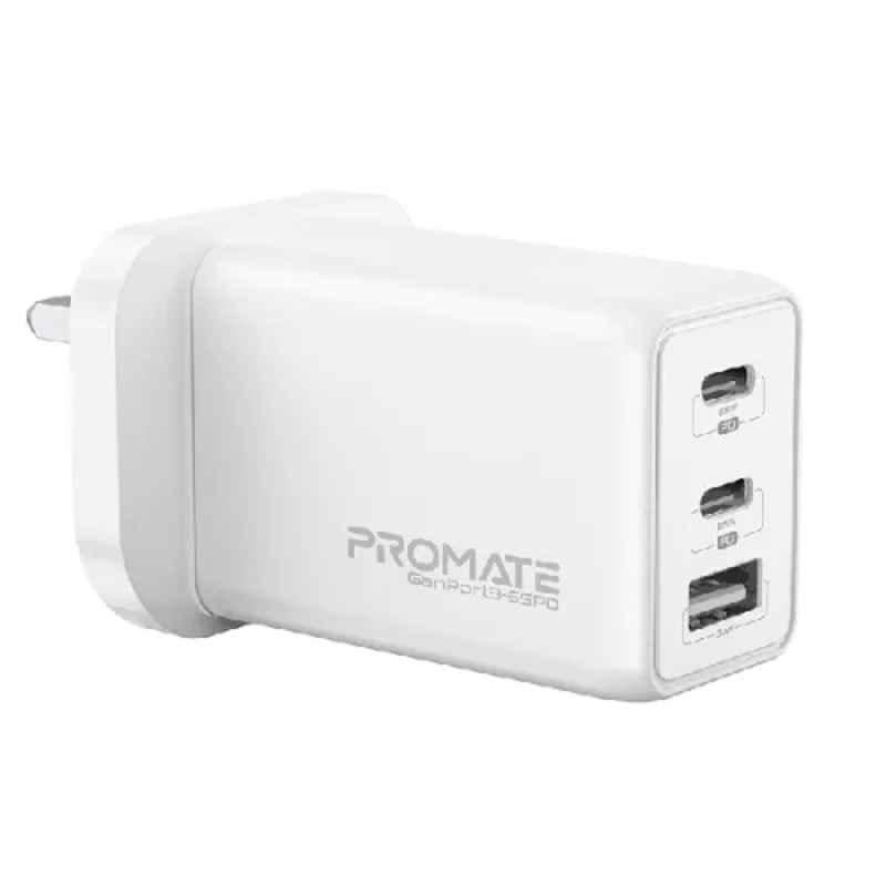 Promate GaNPort3-65PD 65W White GaNFast Power Delivery Charging Adaptor