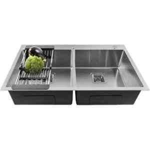 Fossa 37x18x10 inch Stainless Steel SS304 Matt Finish Silver Double Bowl Kitchen Sink with Tap Hole, FHS-11