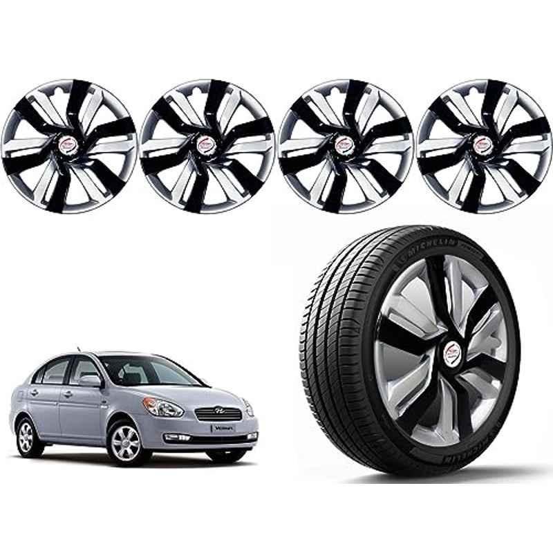 Auto Pearl 4 Pcs 14 inch Polypropylene Black & Silver Press Type Car Wheel Cover Set with Retention Ring for Hyundai Verna Type 1 2006, 14WC_Idtec_Rev_VernaType1_2006