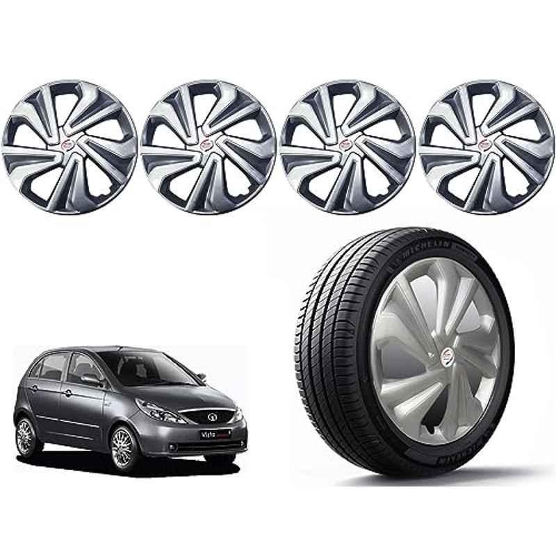 Auto Pearl 4 Pcs 14 inch Polypropylene Silver Press Type Car Wheel Cover Set with Retention Ring for Tata Indica Vista 2008, 14WC_Tiago_Silver_IndicaVista2008