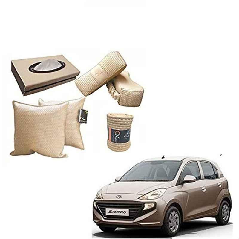 Kozdiko 2 Pcs Cushion Pillow, 2 Pcs Neck Rest, Tissue Box & Steering Beige Car Cover Combo for Hyundai Santro 2018