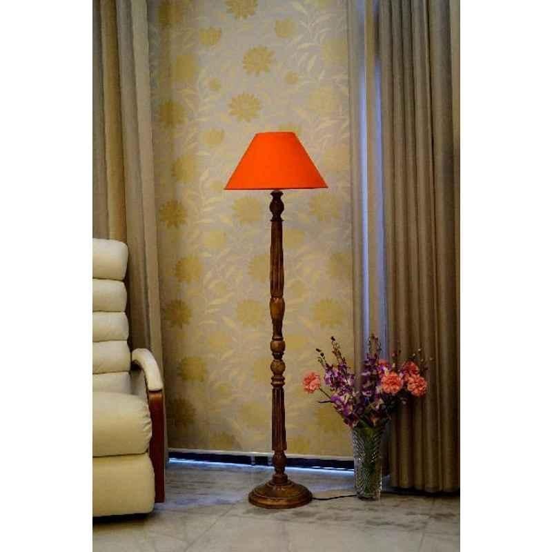 Tucasa Mango Wood Brown Floor Lamp with Orange Conical Polycotton Shade, WF-6