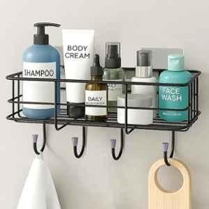 Plantex Bathroom Organiser without Drill/GI Steel Self Adhesive Bathroom Shelf/Bathroom Stand for Wall/Bathroom Accessories Set (Black, CED Powder Coated)