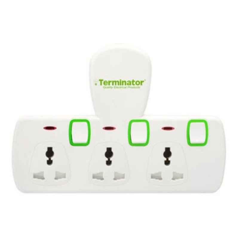 Terminator 27cm 3 Way White & Green Universal T-Socket Multi Adaptor with Individual Switches, TMA 573T