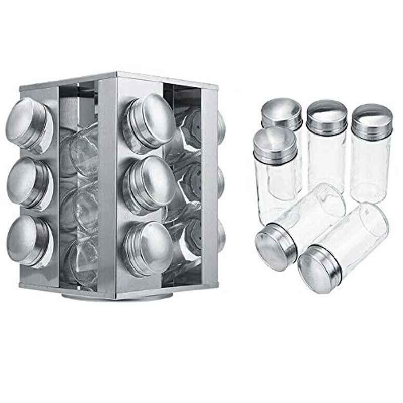 Rubik 16 Pcs Stainless Steel & Plastic Silver Spice Jar with Spin Rack Holder Set