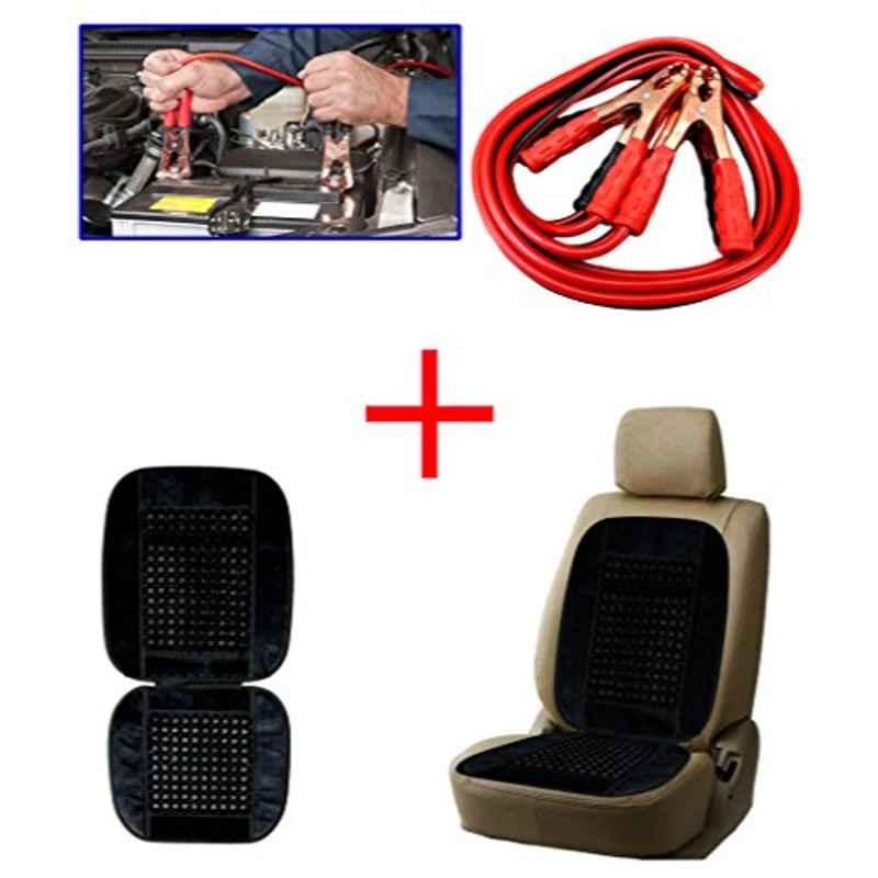 Kozdiko 500A 6ft Heavy Duty Jumper Booster Cable & Wooden Bead Black Car Seat Cover Combo, Koz-5838