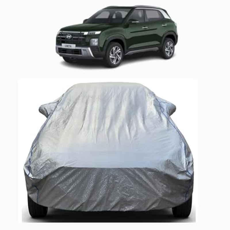 Aarex Auto Polyester Silver 100% Waterproof Car Body Cover with Mirror Pocket, All-Weather Protection, UV Resistant & Scratch-Proof for Hyundai Creta, CRT-Silver