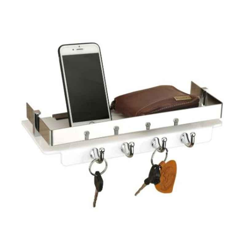 Axtry 12x5 inch Wall Mounted Acrylic White Multipurpose 2-in-1 Key Stand & Bathroom Shelf