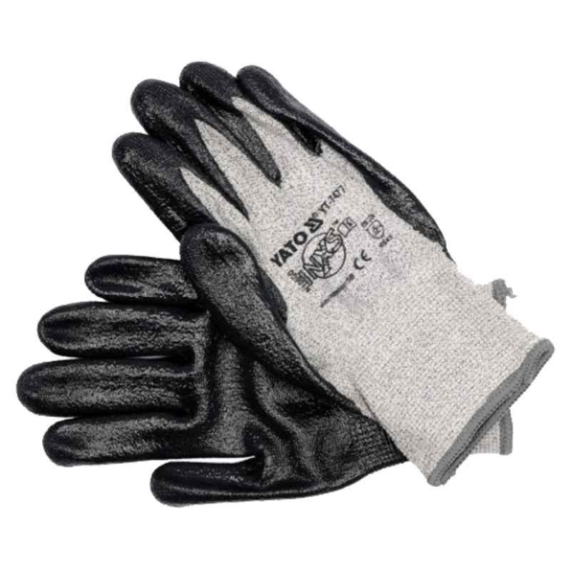 Yato 10 inch Nitrile Black PU Palm Coating Cut Resistant Safety Gloves, YT-7477