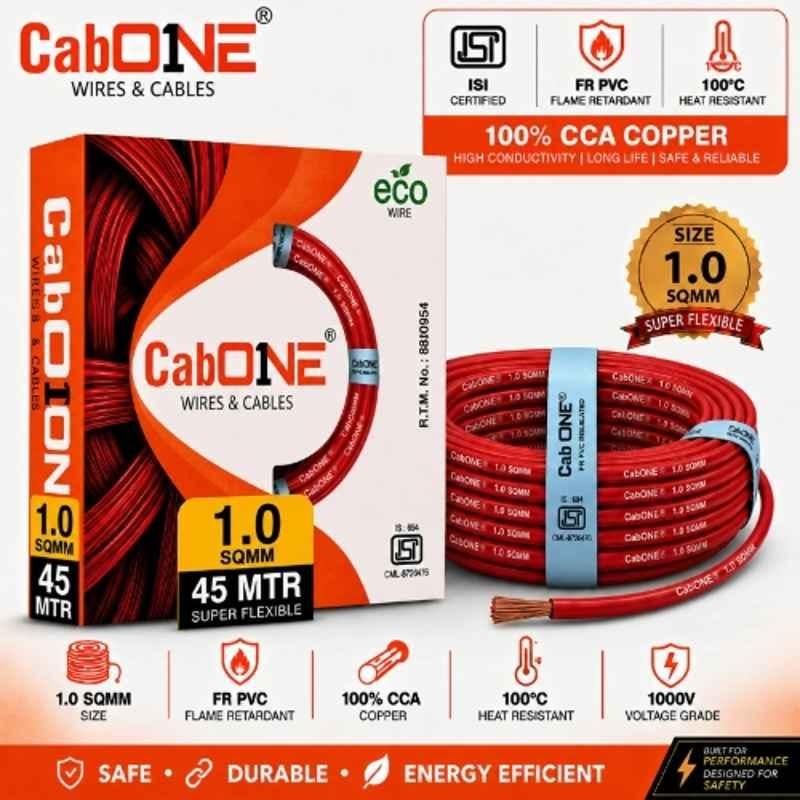 CabONE Lite 1 Sqmm Red Single Core FR PVC Insulated CCA Copper Electrical Wire, Length: 45 m
