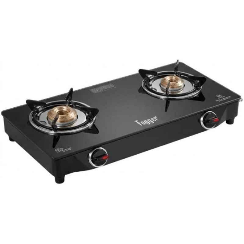 Fogger Nano 2 Burner Black Toughened Glass Top Manual Ignition Gas Stove with 2 Years Warranty
