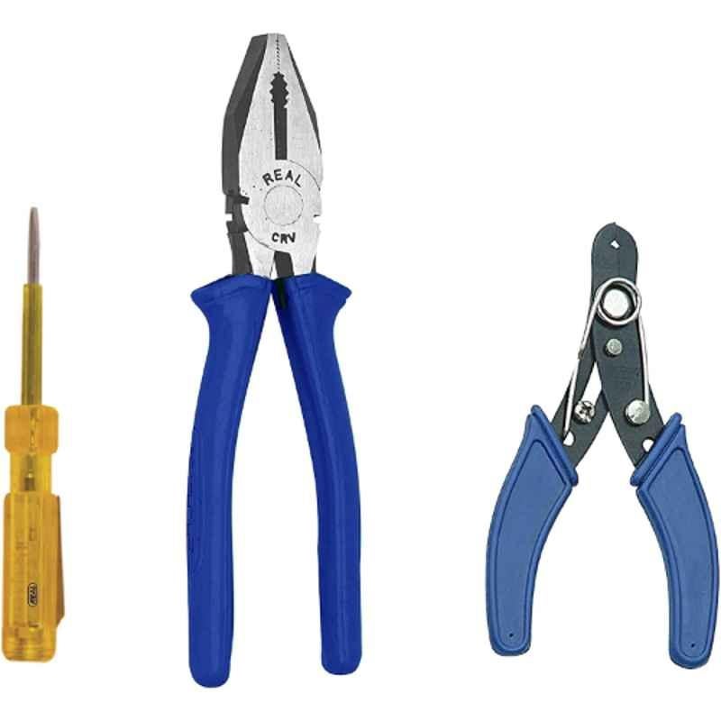Real Stf 3 Pcs 8 inch Combination Side Cutting Plier, 6 inch Wire Stripper, Screw Driver Tester with Neon R-813 Multi Hand Tool Kit