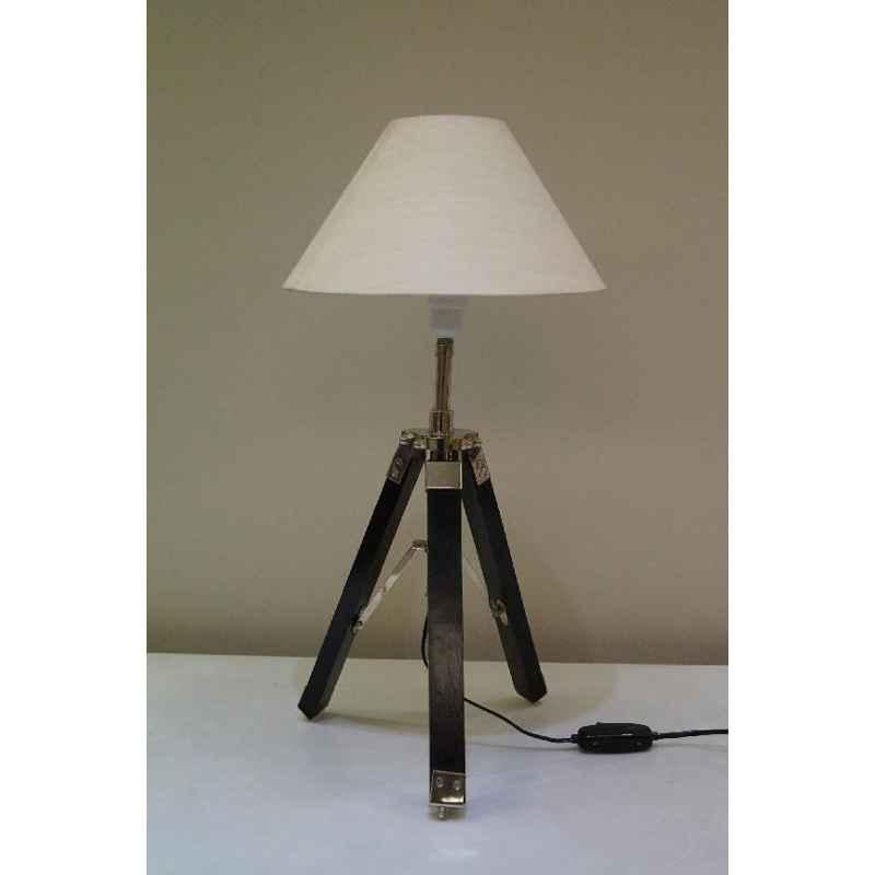 Tucasa Mango Wood Black Tripod Table Lamp with Polycotton Off White Shade, P-42