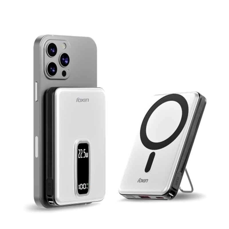 Foxin Mag One 22.5W 10000mAh Pearl White Wireless Fast Charging Power Bank with Metal Stand & 6 Months Warranty