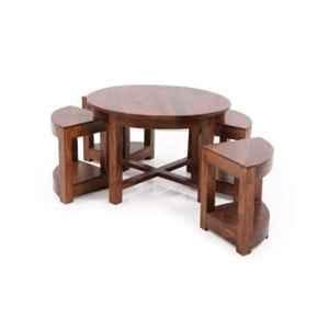 Evok Palid Sheesham Wood Brown Coffee Table with 4 Stools Set, IT00031469