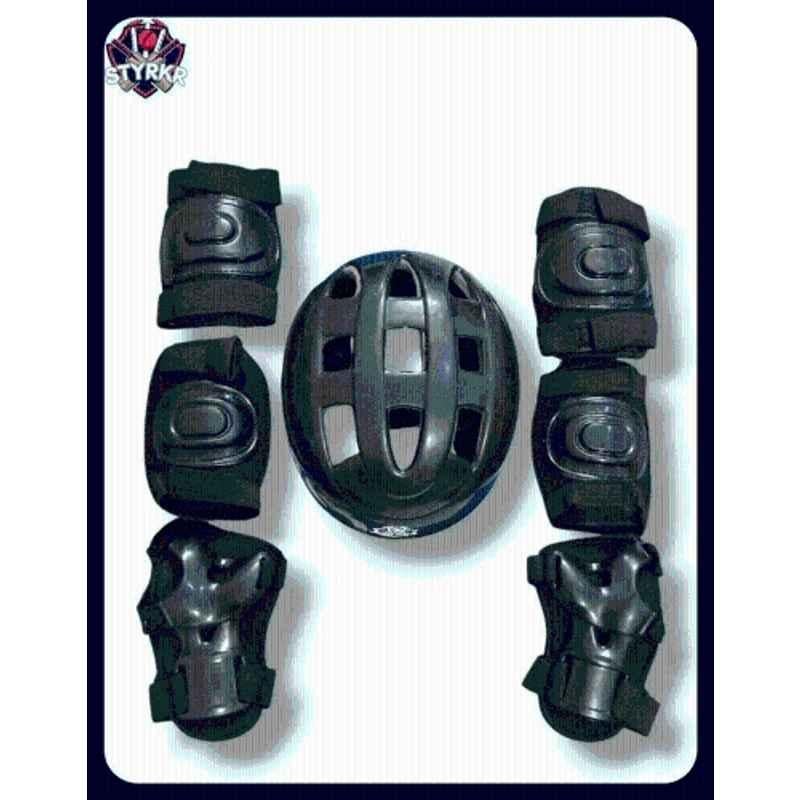 STYRKR Plastic & EVA Foam Black Protective Guard Cycling Set 7-in-1 Medium Size 11-15 Year Cycling Helmet Kit Skating KitKIT-688