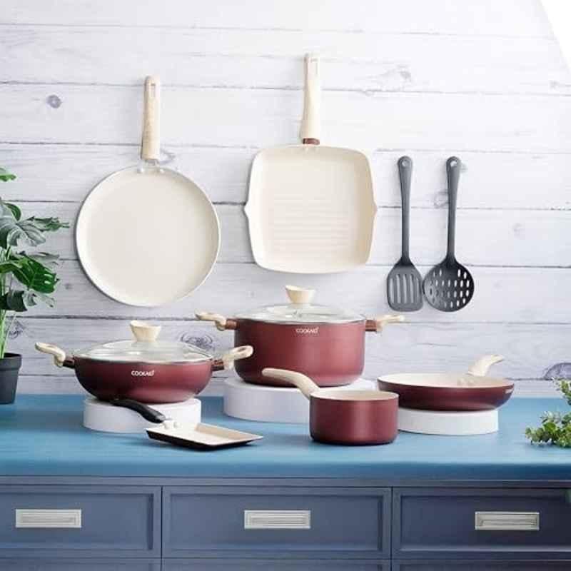 Cookaid 11 Pcs Aluminium Metallic Cherry Non Stick PTFE Cook & Serve Casserole Set, CKD-NS-CW11-23