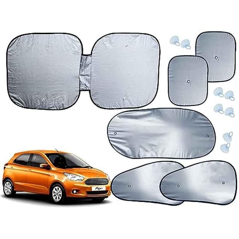 Auto Pearl 6 Pcs Polyester Black & Silver Window, Front & Rear Sun Shade Set for Ford Figo Type 3 2015
