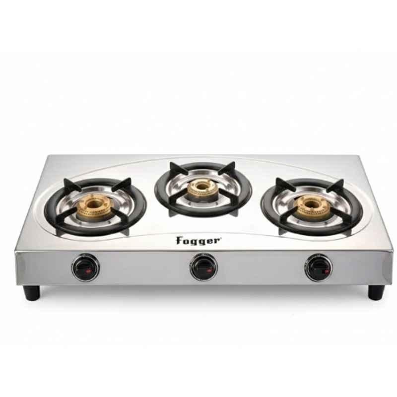 Fogger Tripple Cook 3 Burner Stainless Steel Silver Manual Ignition Gas Stove with 2 Years Warranty