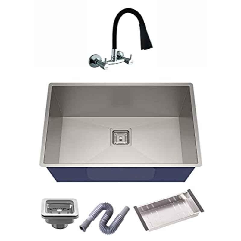 Spazio 24x18x10 inch Stainless Steel Silver Matt Finish Single Bowl Kitchen Sink with Flexible Sink Mixer, Waste Coupling, Waste Pipe & Fruit Basket