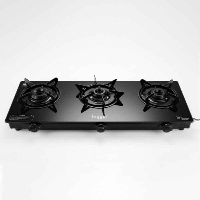 Fogger 3 Burner Black Toughened Glass Top Manual Ignition Gas Stove with 2 Years Warranty