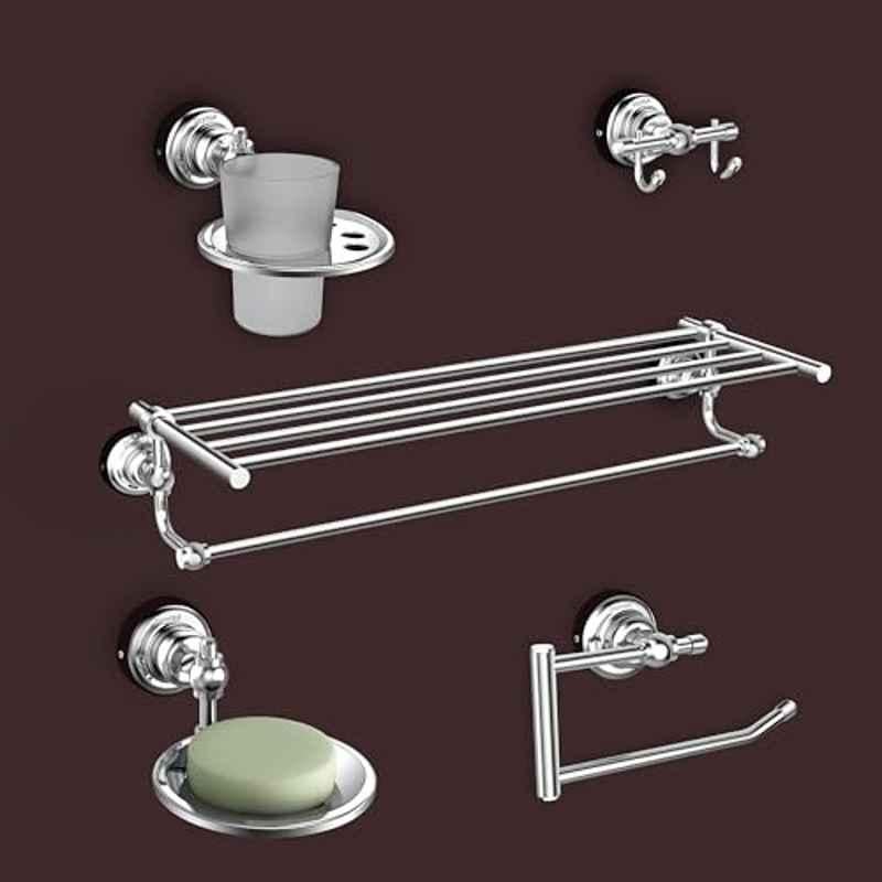 Plantex Skyllo 5 Pcs Stainless Steel Silver Chrome Finish Wall Mount Bathroom Accessories Set