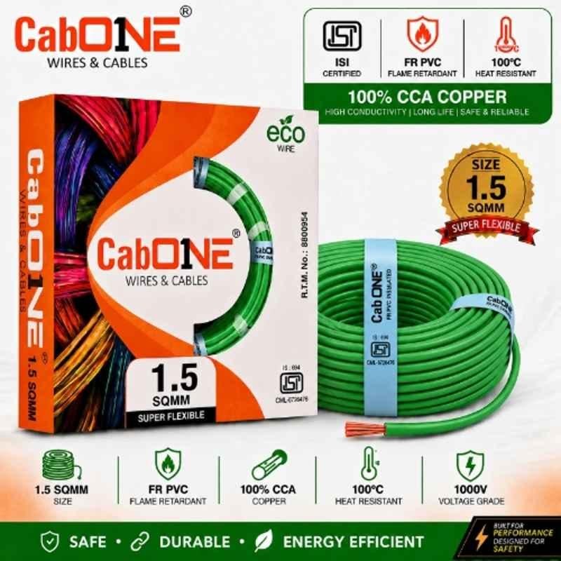 CabONE Lite 1.5 Sqmm Green Single Core FR PVC Insulated CCA Copper Electrical Wire, Length: 45 m
