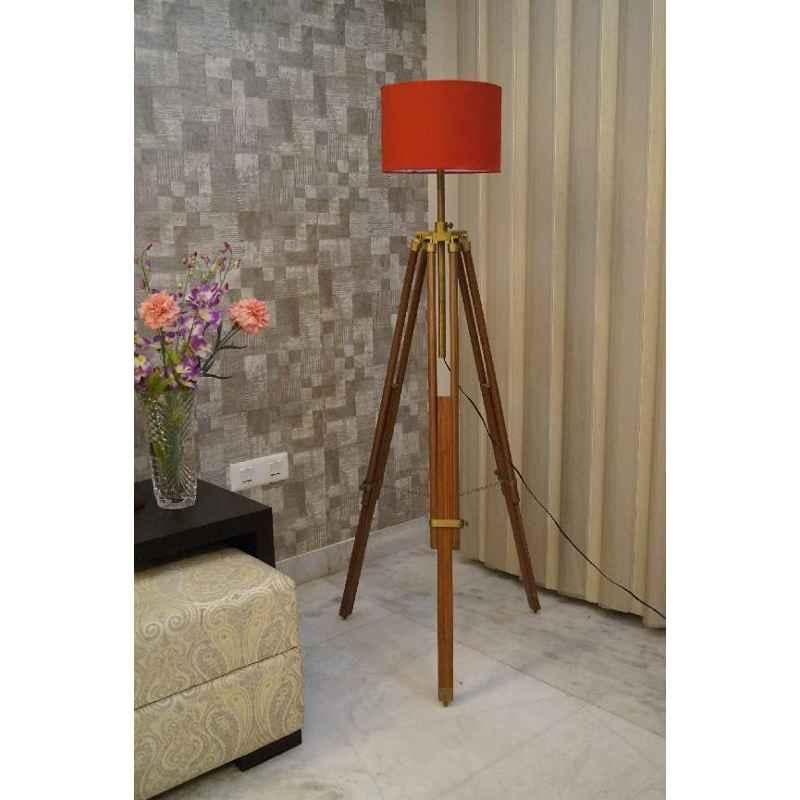 Tucasa Mango Wood Brown Tripod Floor Lamp with Polycotton Red Shade, P-79
