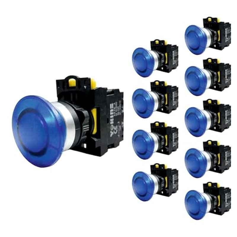 Yokins 22mm 220VAC Blue Illuminated Mushroom Push Button Switch with LED Indicator, EB2M-A-10B-MD (Pack of 10)