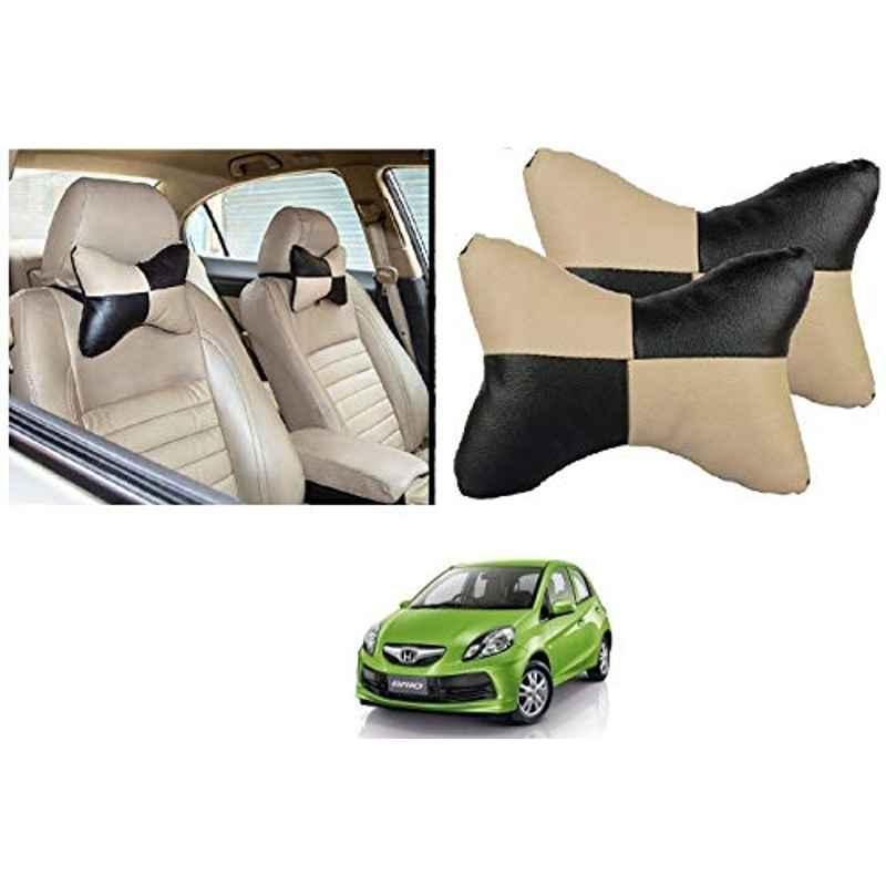 Kozdiko 2 Pcs Black & Beige Car Square Chess Design Neck Rest Seat Pillow Set for Honda Brio