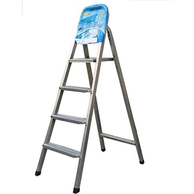 Robustline Heavy Duty Steel Ladder, ULa Stable Folding Ladder. (4 Step, Silver)