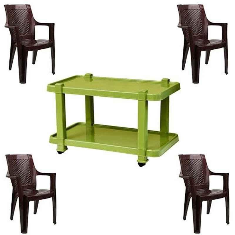 Italica 4 Pcs Polypropylene Weather Brown Premium Arm Chair & Green Table with Wheels Set, 9006-4/9509