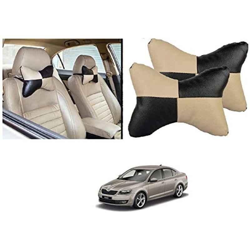 Kozdiko 2 Pcs Black & Beige Car Square Chess Design Neck Rest Seat Pillow Set for Skoda Octavia