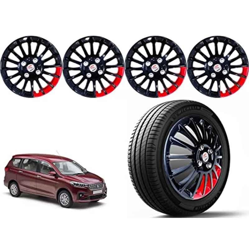 Auto Pearl 4 Pcs 15 inch ABS Black & Red Press Type Car Wheel Cover Set with Retention Ring for Maruti Suzuki Ertiga 2019 Onwards
